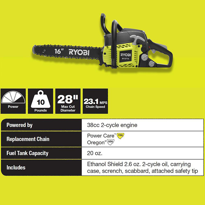 RYOBI 16 in. 37cc 2-Cycle Gas Chainsaw with Heavy-Duty Case-RY3716